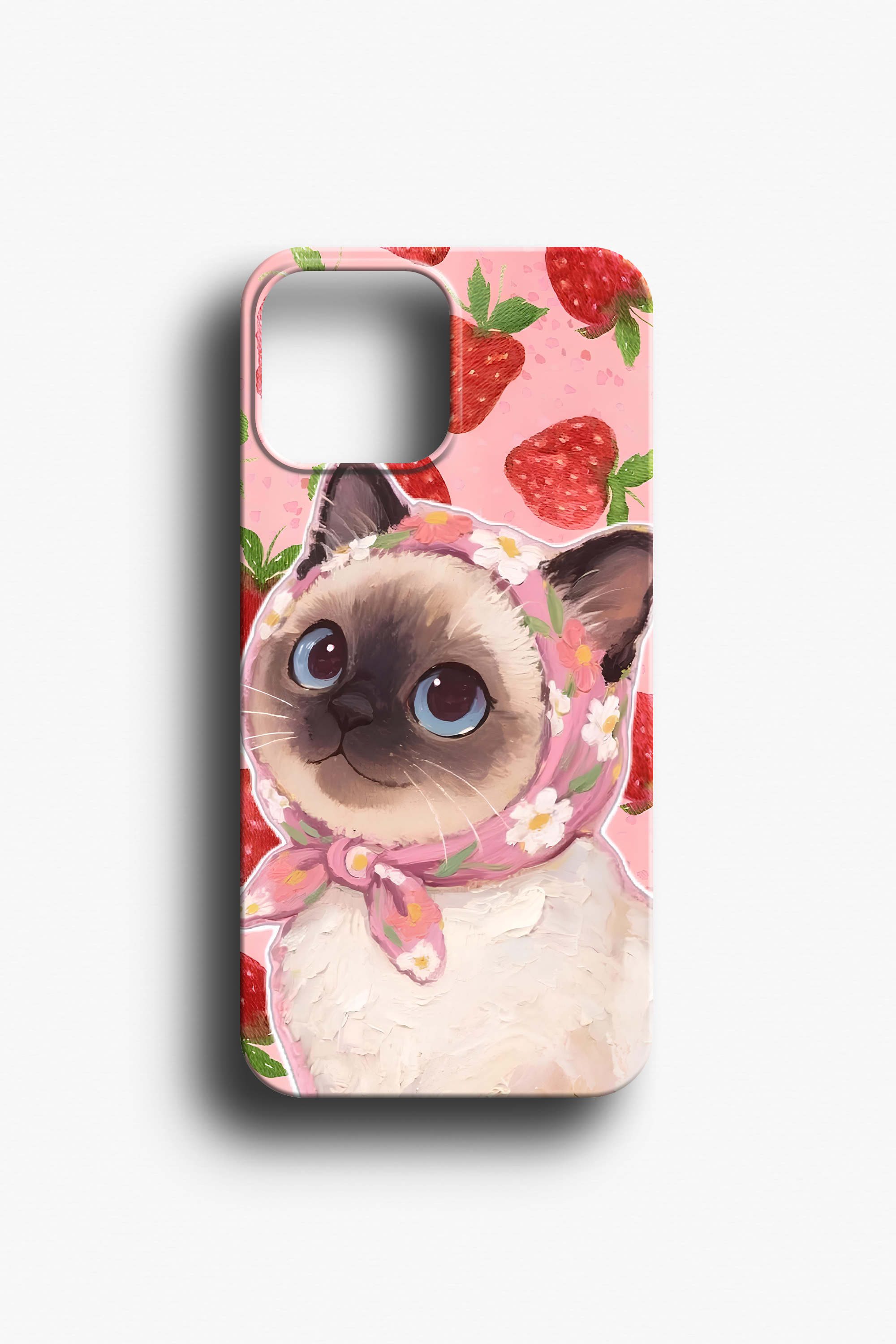 Çilek Desenli Eşarplı Sevimli Kedi Figürlü Telefon Kılıf