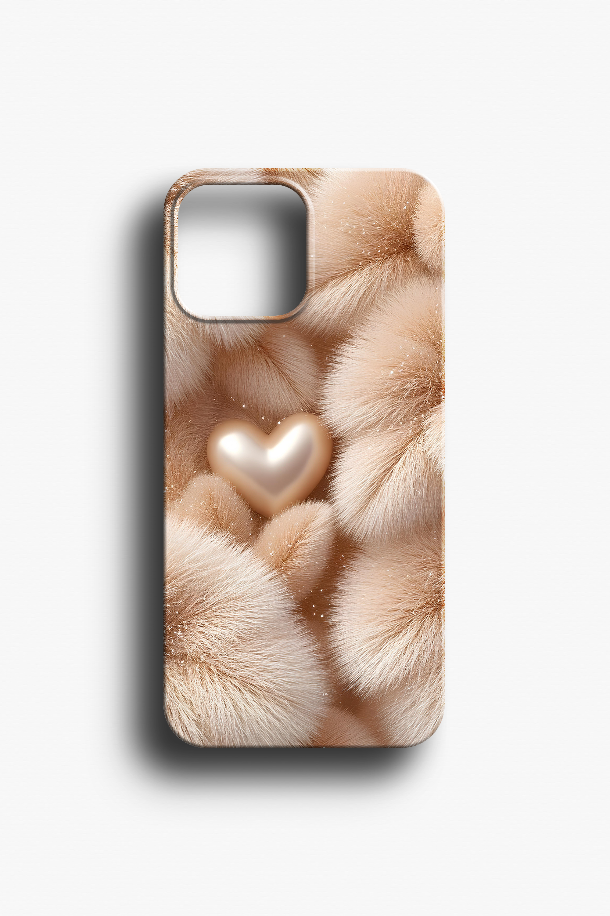 Peluş Kürk Ve İnci Kalp Desenli Telefon Kılıfı